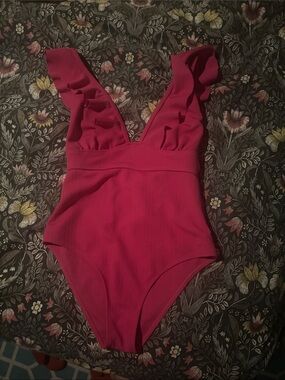 SHEIN Hot Pink Ruffle V-Neck One-Piece Swimsuit